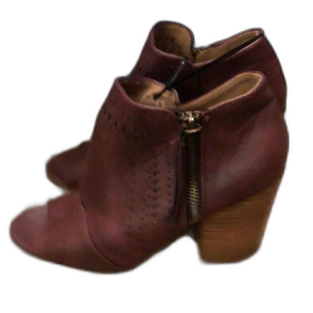 Cocci Burgundy Faux Leather Peep Toe Heel Booties Chunk Block Heel